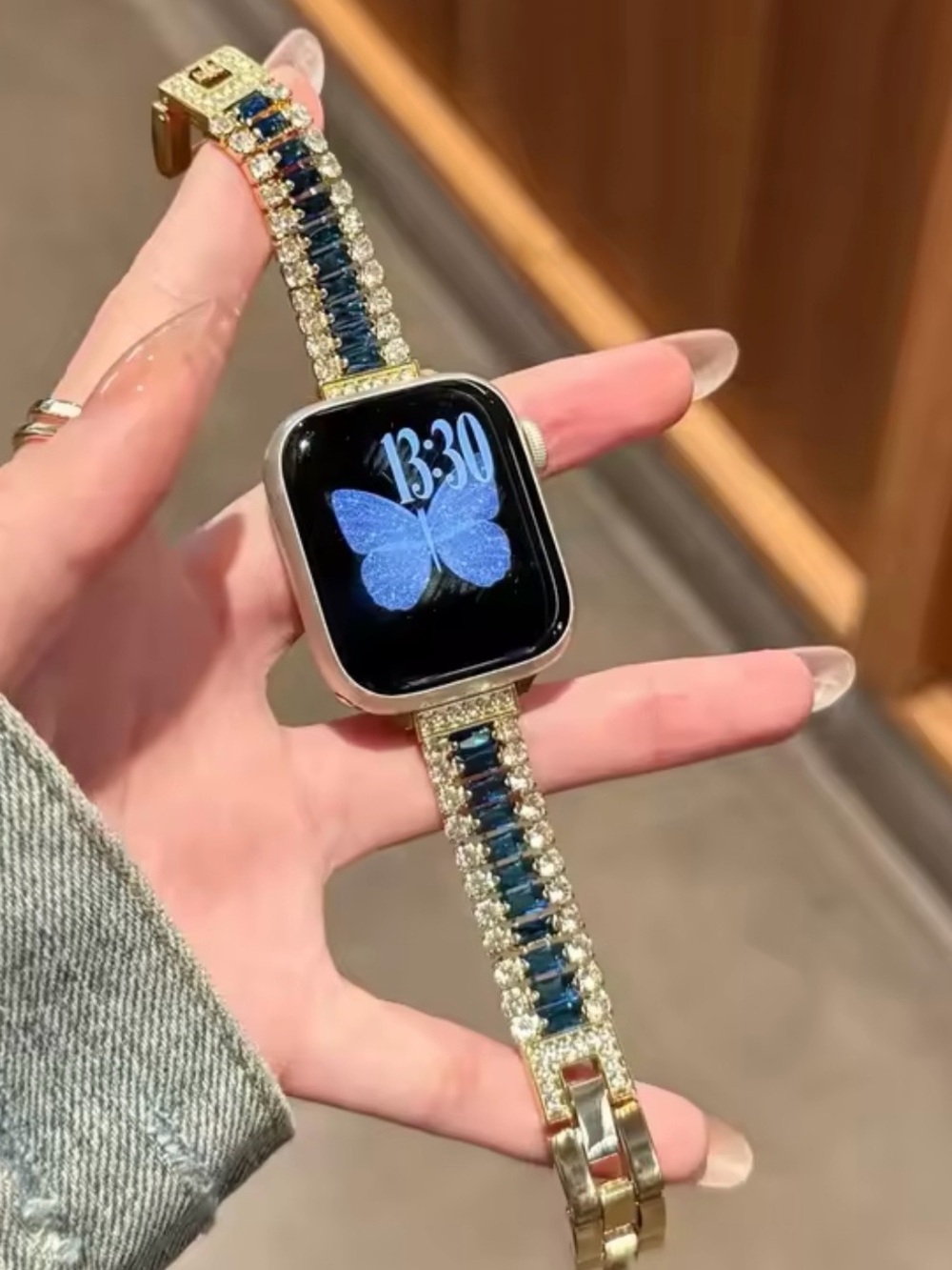 Crystal Accent Gold Smartwatch Band with Blue Stones 38-49mm